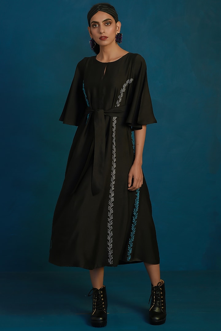 Black Embroidered Midi Summer Dress With Belt by Charkhee at Pernia's Pop Up Shop