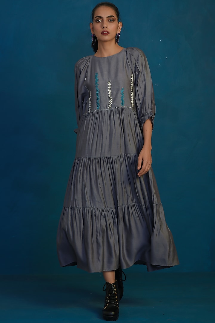 Grey Embroidered Maxi Dress by Charkhee