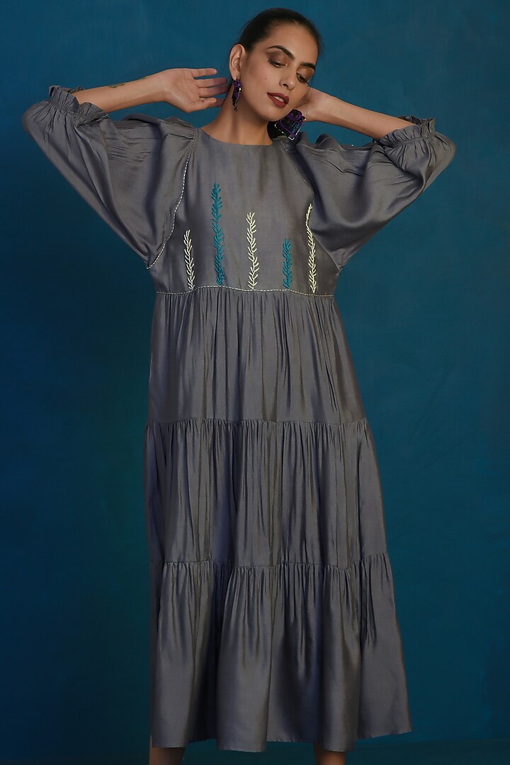 Grey Embroidered Maxi Summer Dress by Charkhee at Pernia's Pop Up Shop
