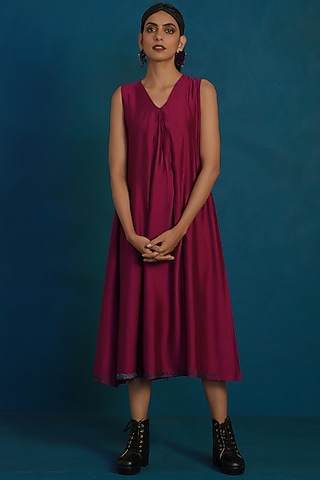 Wine Embroidered Maxi Dress by Charkhee