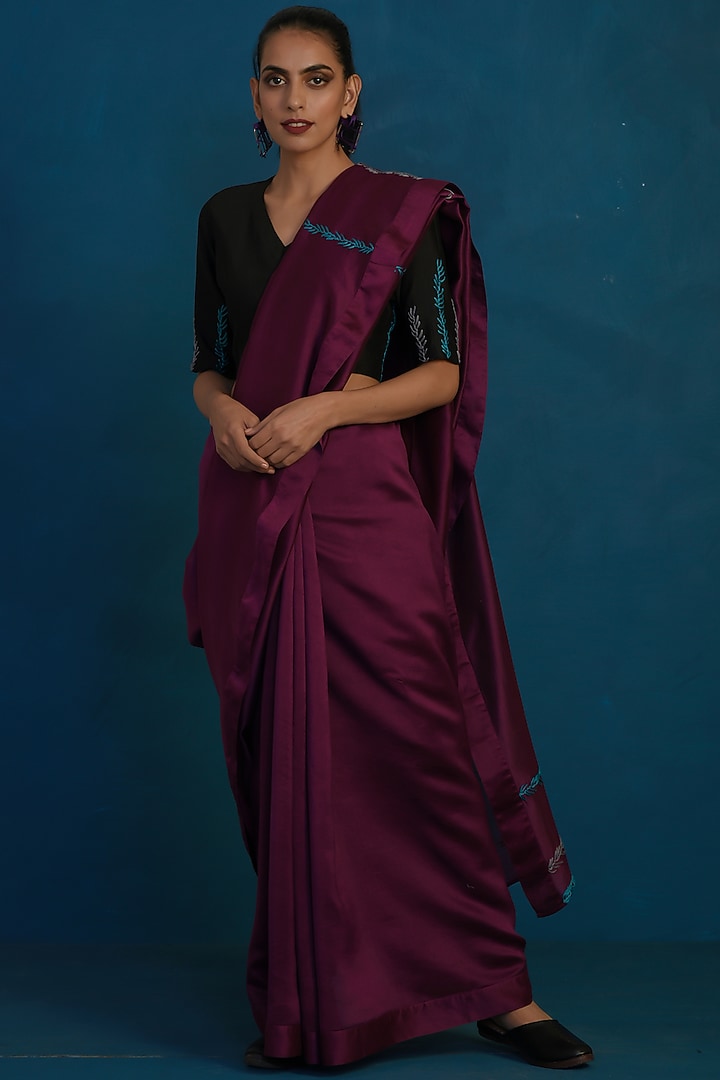 Wine & Black Hand Embroidered Festive Saree Set by Charkhee at Pernia's Pop Up Shop