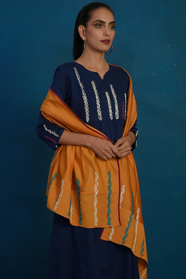 Mustard Embroidered Stole by Charkhee