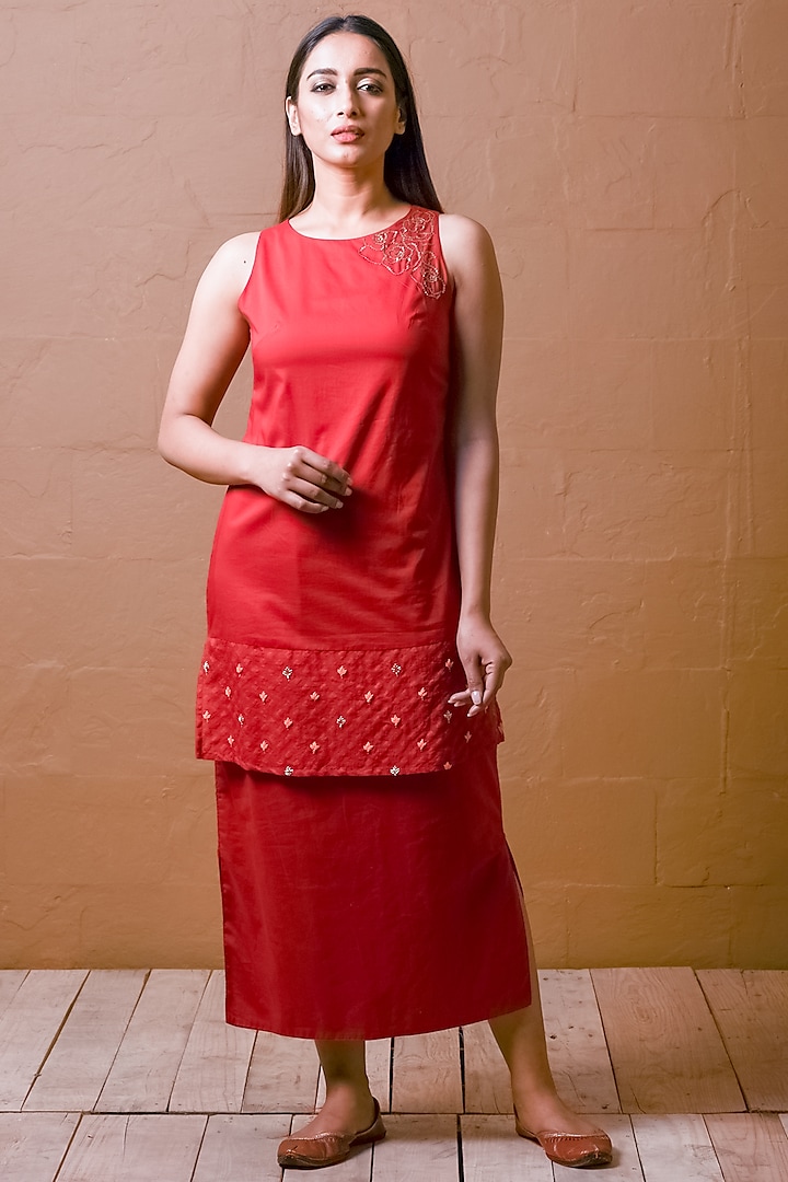 Red Embroidered Maxi Dress by Charkhee