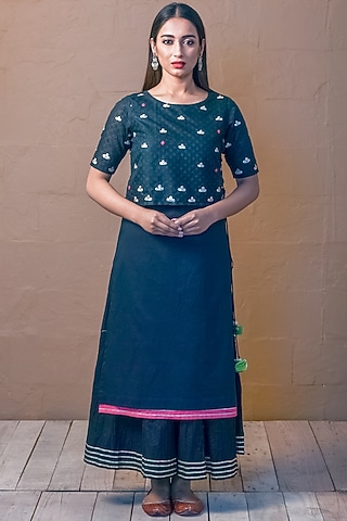 Black Embroidered Layered Kurta Set by Charkhee