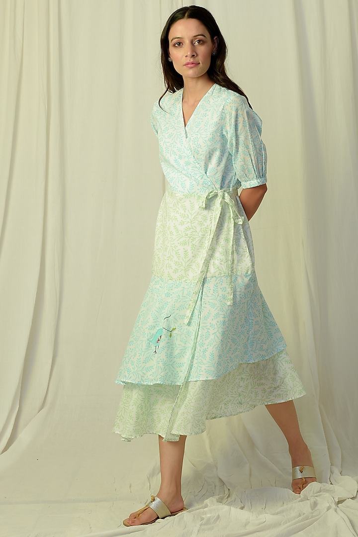 White & Green Ombre Embroidered Wrap Midi Dress by Charkhee