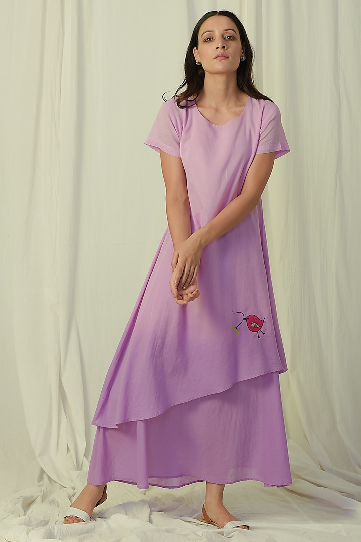 Lavender Ombre Embroidered & Layered Maxi Dress by Charkhee