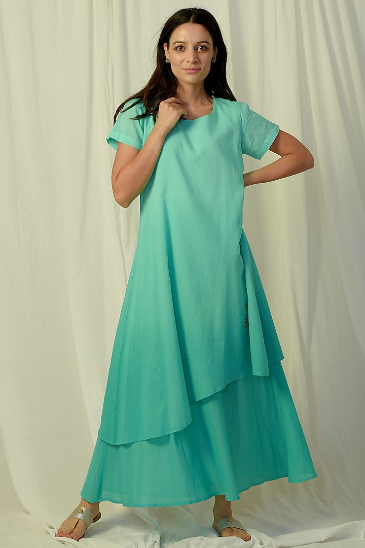 Green Ombre Embroidered & Layered Maxi Dress by Charkhee