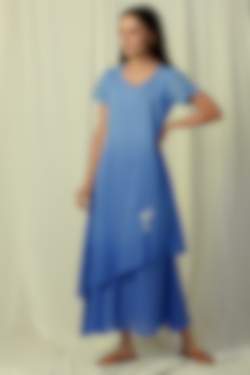 Blue Ombre Embroidered & Layered Maxi Dress by Charkhee