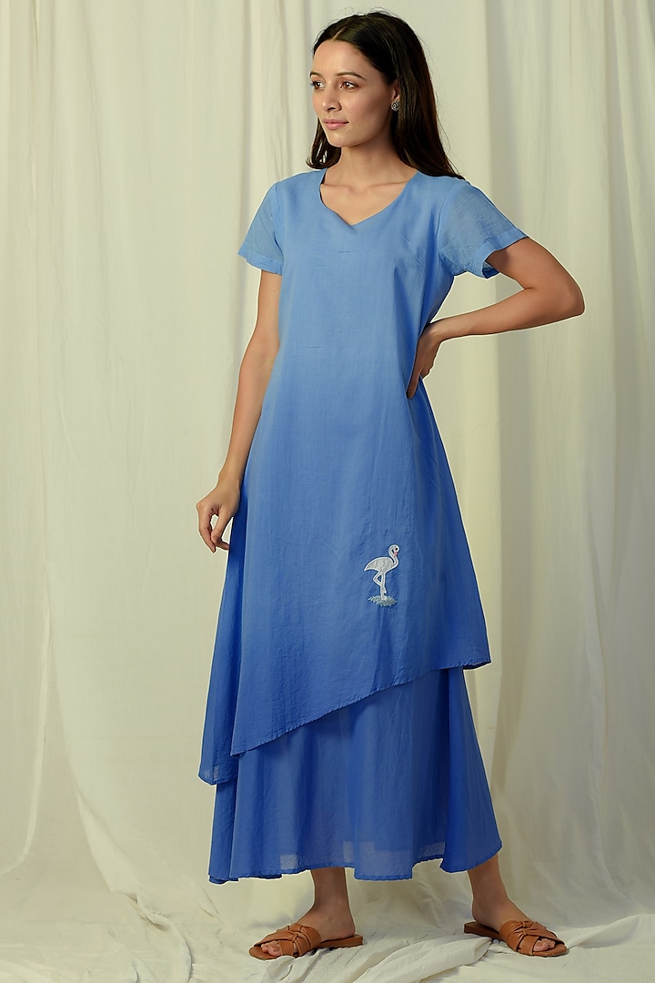 Blue Ombre Embroidered & Layered Maxi Dress by Charkhee