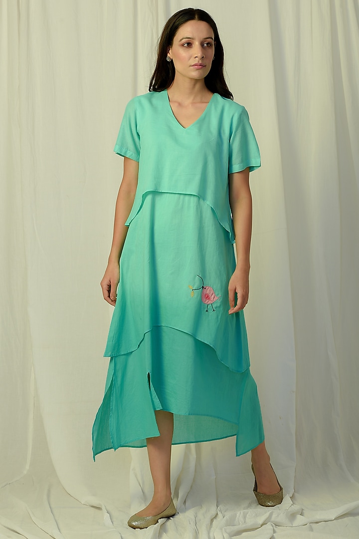 Green Ombre Embroidered & Layered Midi Dress by Charkhee