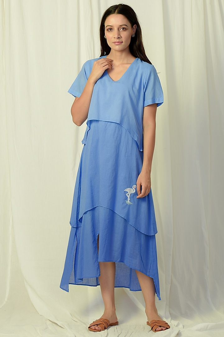 Blue Ombre Embroidered & Layered Midi Dress by Charkhee