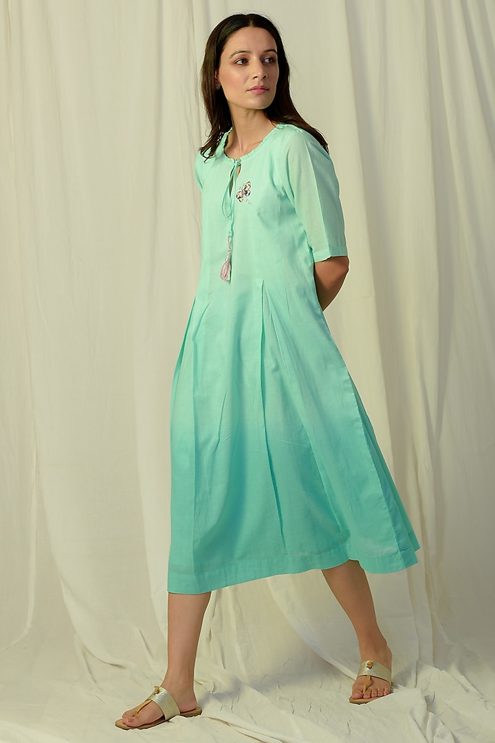 Green Ombre Embroidered & Pleated Midi Dress by Charkhee