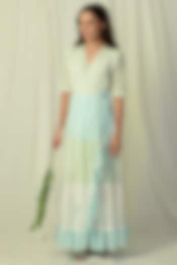 White & Green Printed Ruffled Wrap Dress by Charkhee