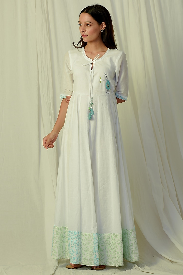 White & Green Flared & Embroidered Maxi Dress by Charkhee