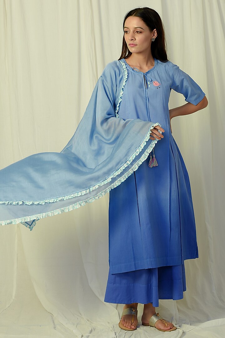 Blue Ombre Embroidered Kurta Set by Charkhee