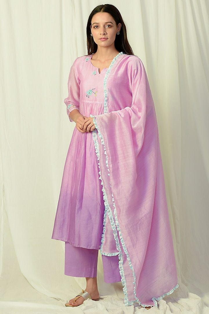 Lavender Ombre Embroidered Gathered Kurta Set by Charkhee