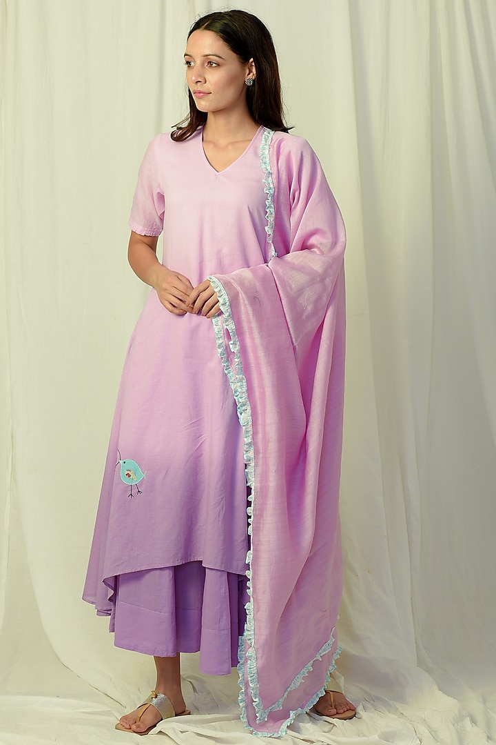 Lavender Ombre Embroidered & Flared Kurta Set by Charkhee