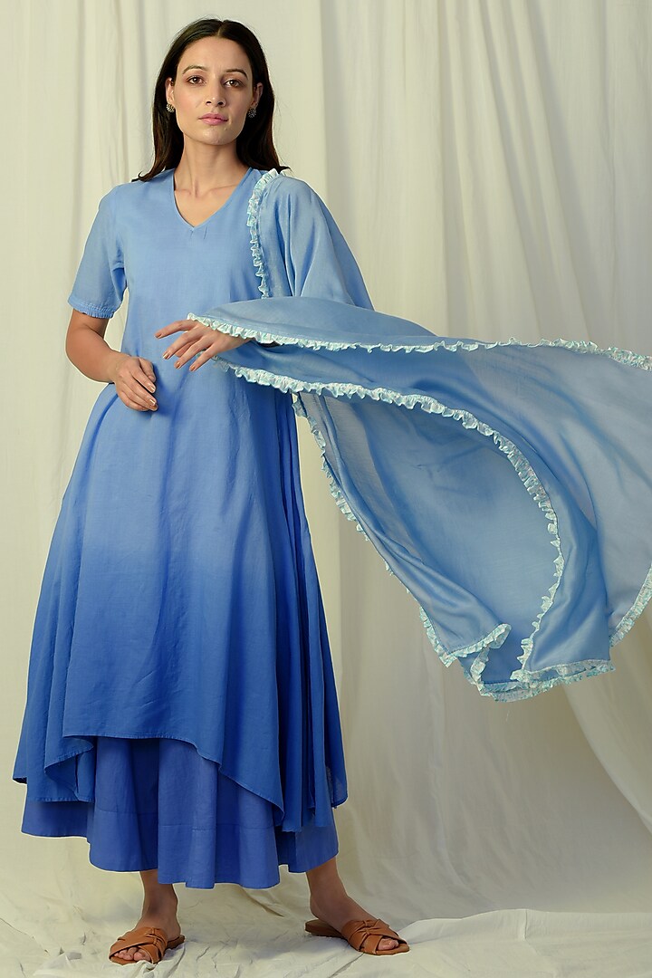 Blue Ombre Embroidered & Flared Kurta Set by Charkhee