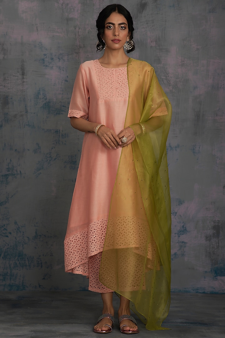 Peach Embroidered High-Low Kurta Set by Charkhee