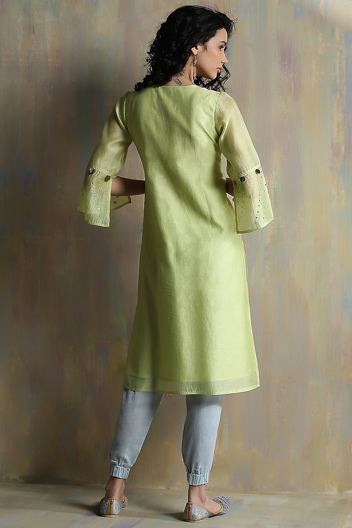 Lime Yellow Chanderi Embellished Kurta Set by Charkhee at Pernia's Pop Up Shop