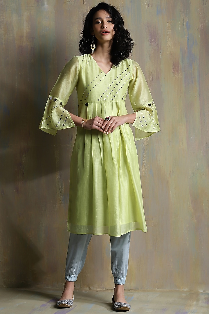 Lime Yellow Chanderi Embellished Kurta Set by Charkhee at Pernia's Pop Up Shop