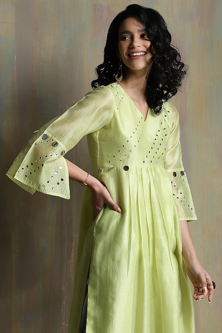 Lime Yellow Chanderi Embellished Kurta Set by Charkhee at Pernia's Pop Up Shop