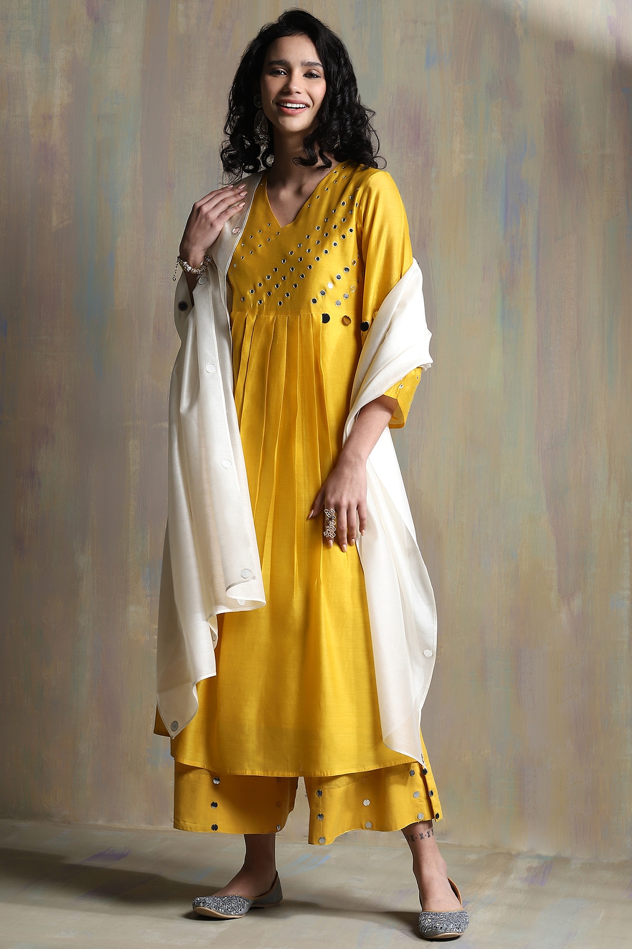 Yellow Printed Chanderi Kurta