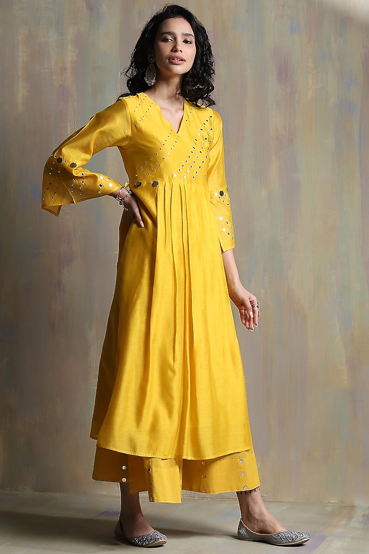 Sunflower Yellow Chanderi Embellished Kurta Set by Charkhee at Pernia's Pop Up Shop