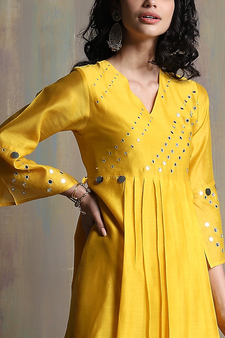 Sunflower Yellow Chanderi Embellished Kurta Set by Charkhee at Pernia's Pop Up Shop