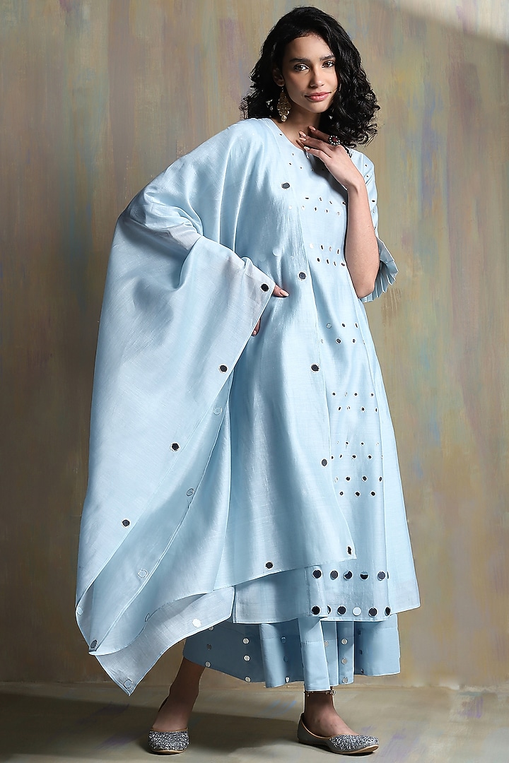 Cool Blue Chanderi Embroidered Kurta Set by Charkhee at Pernia's Pop Up Shop