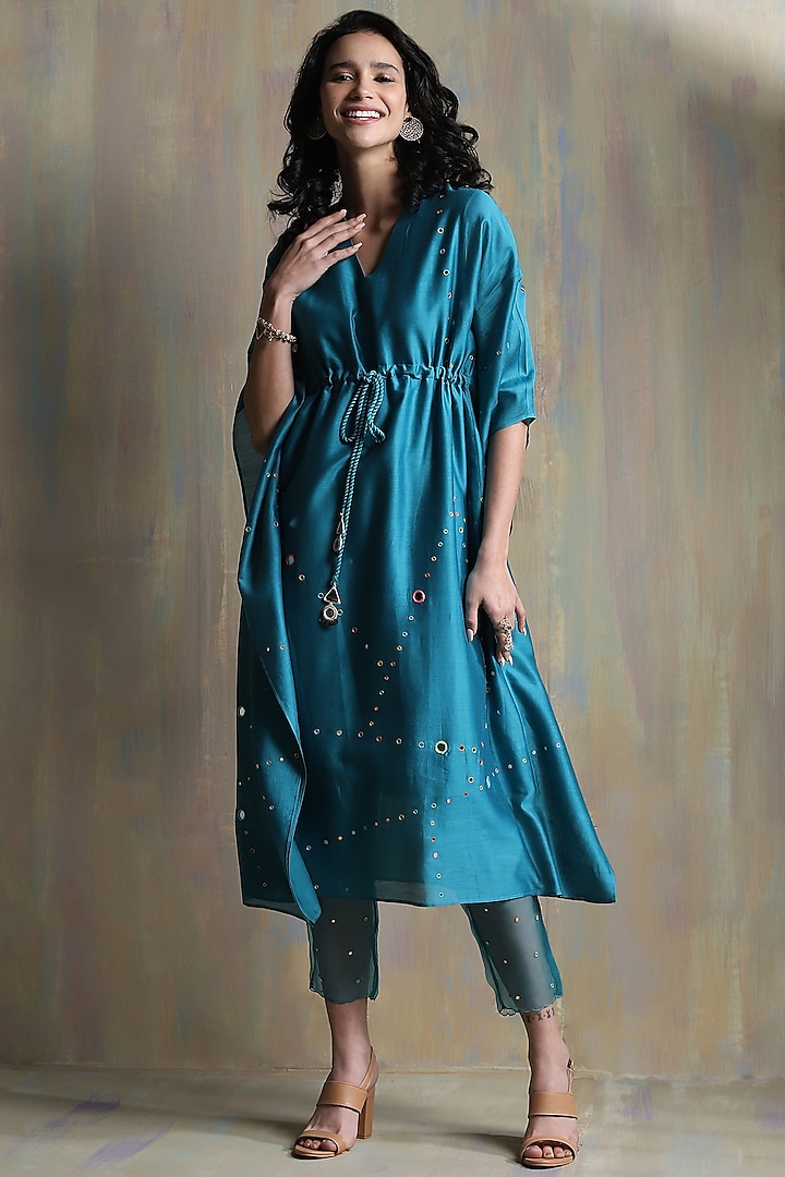 Turquoise Chanderi Embroidered Kaftan Set by Charkhee