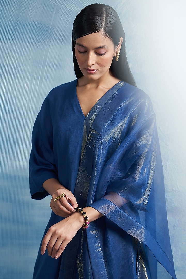 Royal Blue Linen & Cotton Shimmer Kurta Set by Charkhee at Pernia's Pop Up Shop