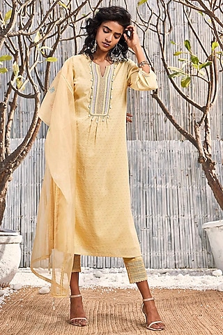 Sunshine Yellow Dobby Cotton Embroidered Kurta Set by Charkhee