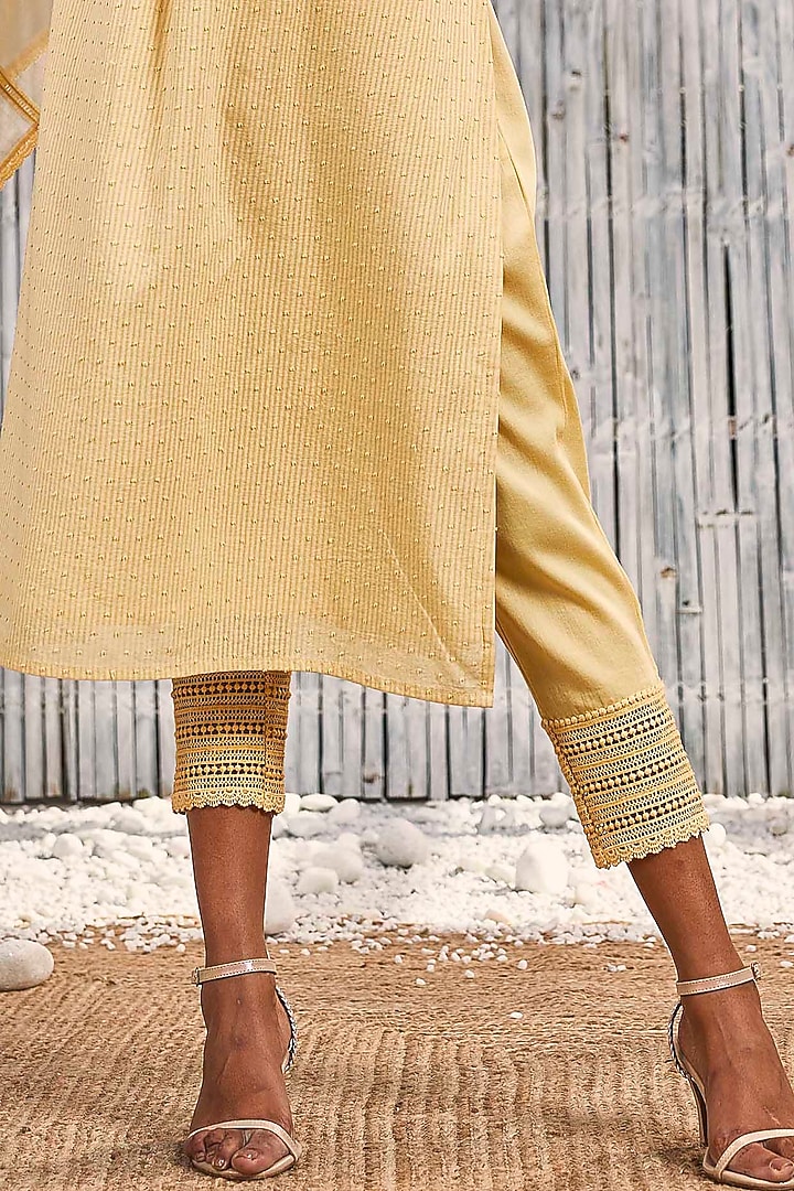 Sunshine Yellow Dobby Cotton Embroidered Kurta Set by Charkhee at Pernia's Pop Up Shop