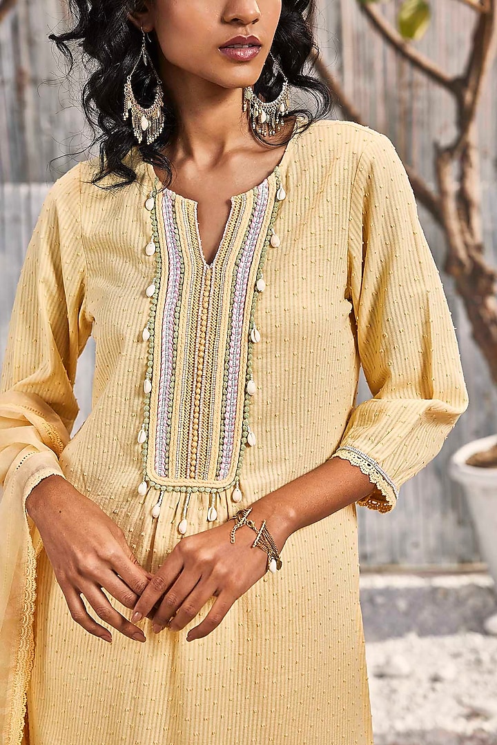 Sunshine Yellow Dobby Cotton Embroidered Kurta Set by Charkhee at Pernia's Pop Up Shop