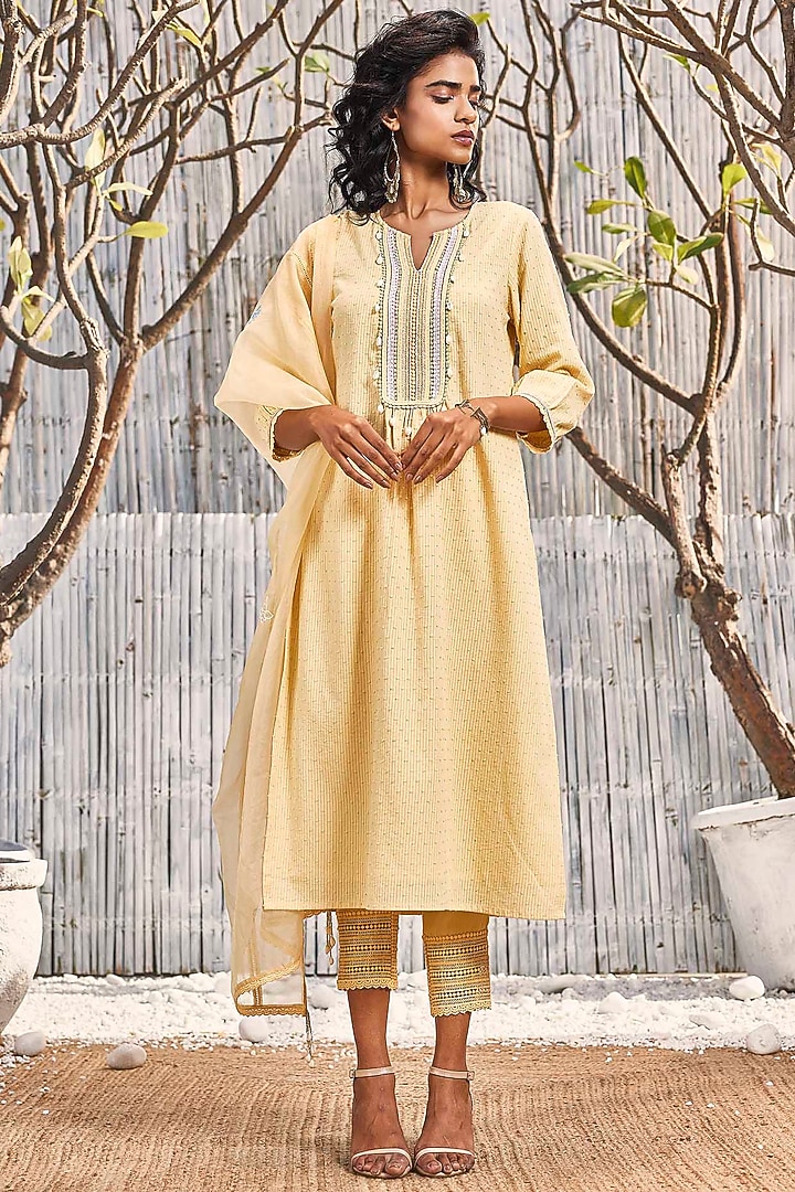 Sunshine Yellow Dobby Cotton Embroidered Kurta Set by Charkhee at Pernia's Pop Up Shop