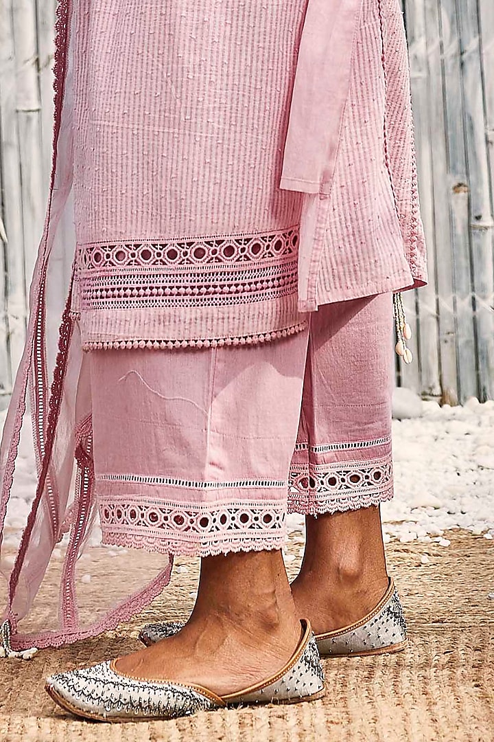 Blush Pink Dobby Cotton Embroidered Kurta Set by Charkhee at Pernia's Pop Up Shop