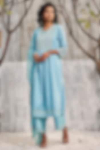 Tropical Blue Dobby Cotton Embroidered Kurta Set by Charkhee at Pernia's Pop Up Shop