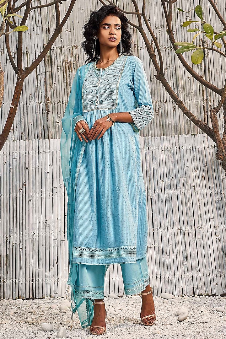 Tropical Blue Dobby Cotton Embroidered Kurta Set by Charkhee at Pernia's Pop Up Shop