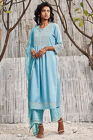 Tropical Blue Dobby Cotton Embroidered Kurta Set by Charkhee
