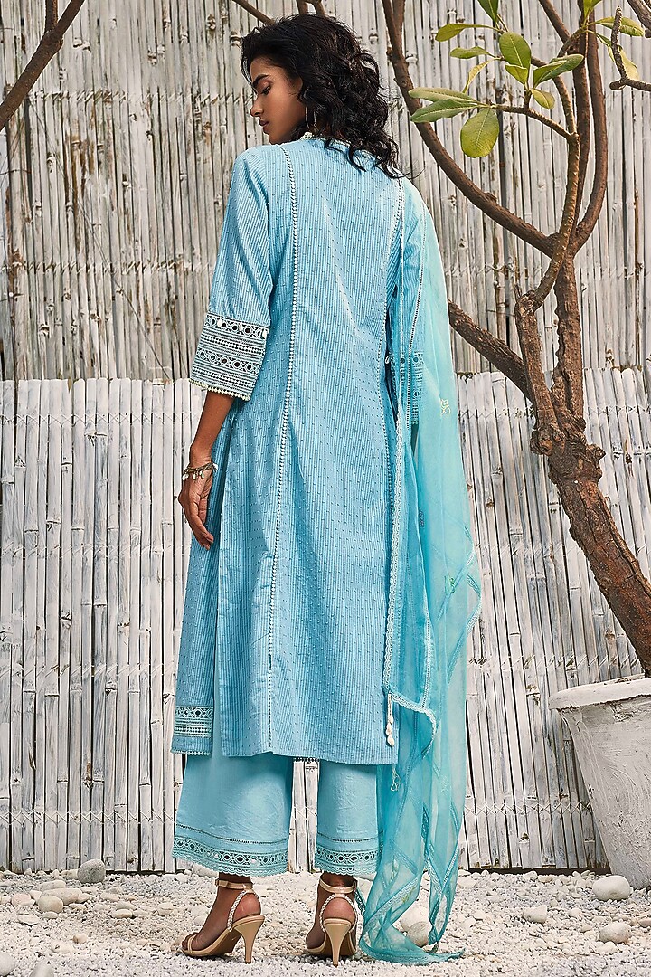 Tropical Blue Dobby Cotton Embroidered Kurta Set by Charkhee at Pernia's Pop Up Shop