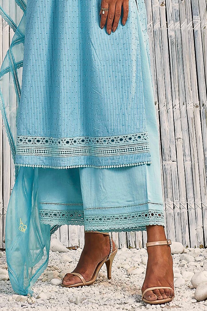 Tropical Blue Dobby Cotton Embroidered Kurta Set by Charkhee at Pernia's Pop Up Shop
