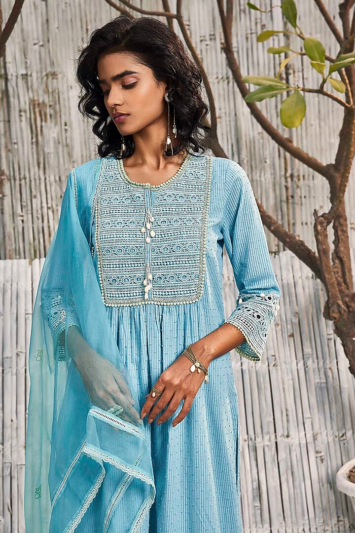 Tropical Blue Dobby Cotton Embroidered Kurta Set by Charkhee at Pernia's Pop Up Shop