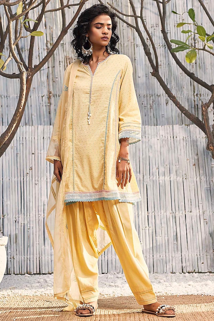 Sunshine Yellow Dobby Cotton Embroidered Short Anarkali Set by Charkhee at Pernia's Pop Up Shop