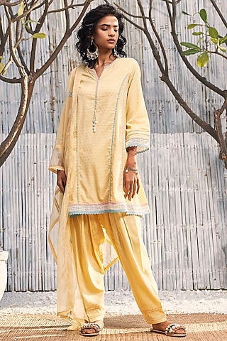 Sunshine Yellow Dobby Cotton Embroidered Short Anarkali Set by Charkhee