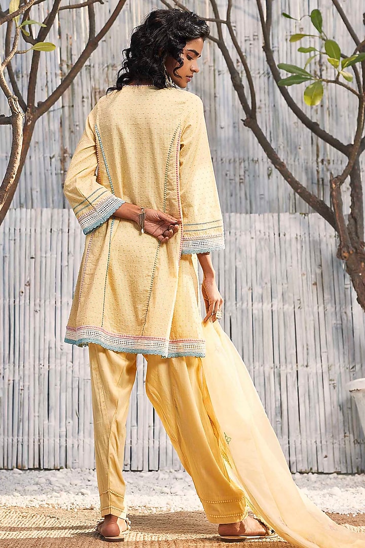 Sunshine Yellow Dobby Cotton Embroidered Short Anarkali Set by Charkhee at Pernia's Pop Up Shop