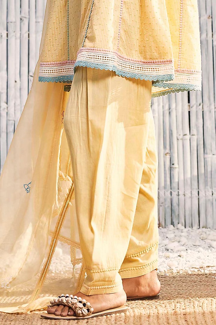 Sunshine Yellow Dobby Cotton Embroidered Short Anarkali Set by Charkhee at Pernia's Pop Up Shop