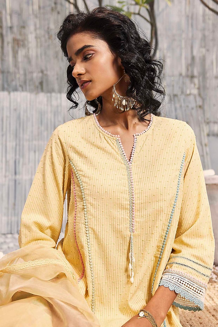 Sunshine Yellow Dobby Cotton Embroidered Short Anarkali Set by Charkhee at Pernia's Pop Up Shop