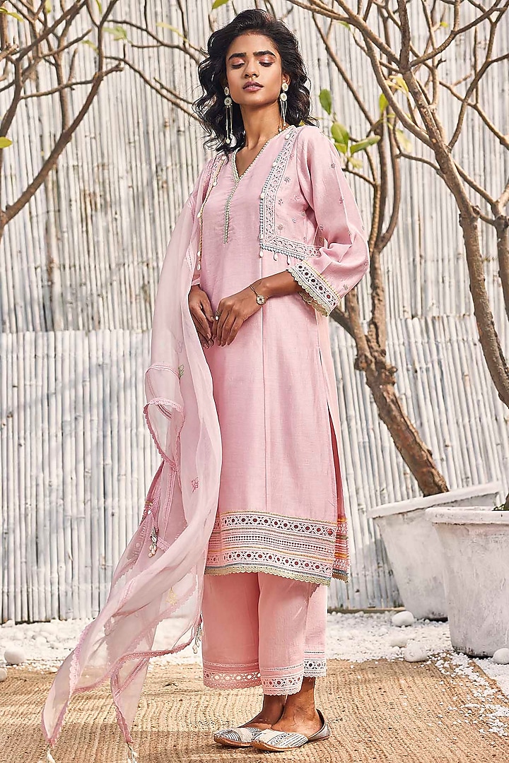 Blush Pink Chanderi Embroidered A-line Kurta Set by Charkhee