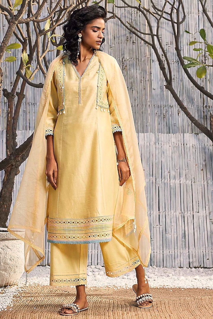 Sunshine Yellow Chanderi Embroidered A-line Kurta Set by Charkhee at Pernia's Pop Up Shop